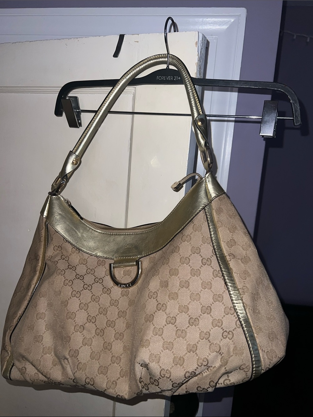 Vintage Gucci Beige Monogram Shoulder Bag with Gold Leather Trim